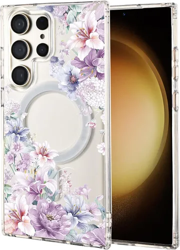 Vista 58 de Funda magnética para Samsung Galaxy S22 Ultra Flower, compatible con MagSafe, patrón floral transparente a prueba de golpes, parte trasera