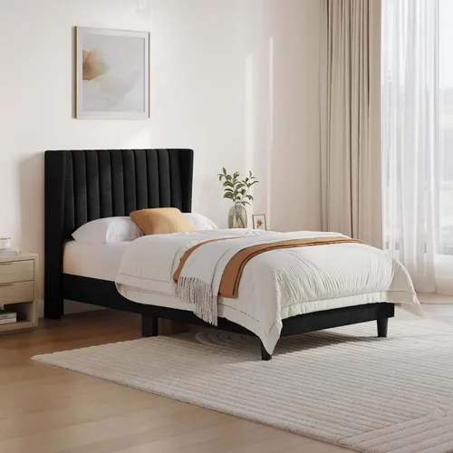 Vista 3 de Yaheetech Base de cama individual tapizada con cabecera de tela, diseño de borde de ala, antideslizante y sin ruido, soporte de listones de madera