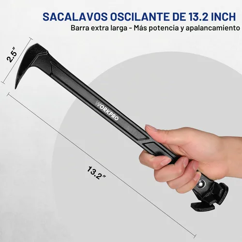 Vista 2 de WORKPRO Ganzúa de 33 cm con uña de gato, extractor de uñas con uña de gato y extractor de uñas basculante, palanca para remodelación del hogar
