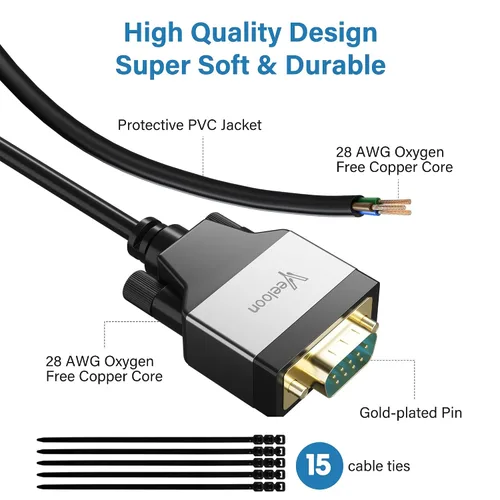 Vista 5 de Adaptador USB 2.0 a serie (FTDI Chipset), 4 pies USB A a RS232 macho DB9 Convertidor de pines Cable serie con bridas para Windows 11, 10, 8.1, 8, 7