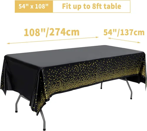 Vista 4 de 4 paquetes de 2,7 x 1,4 m de manteles desechables de plástico para fiestas en color negro y dorado para mesas rectangulares, cubiertas de mesa