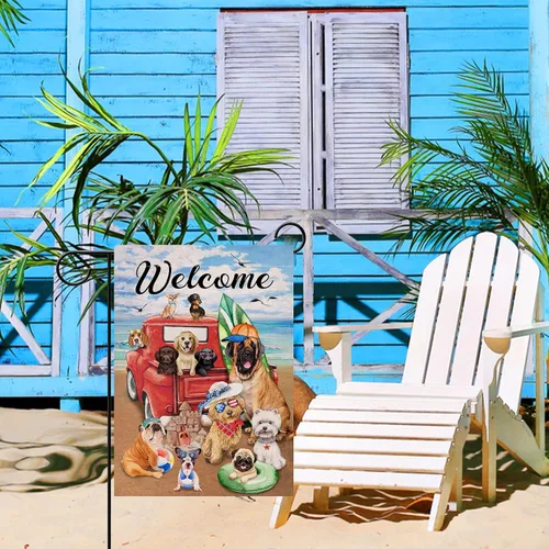 Vista 5 de Hzppyz Bandera de bienvenida de verano con texto en inglés "Dogs Red Truck" para jardín, playa y jardín, de doble cara, para recolección náutica
