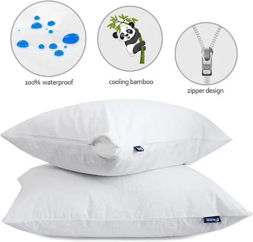 Vista 4 de Juego de 4 protectores de almohada impermeables de tamaño estándar con cremallera, viscosa de alta calidad hecha de bambú de rizo blanco, funda