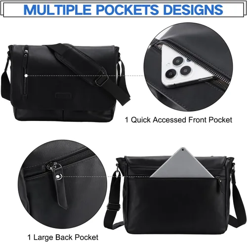 Vista 5 de VX VONXURY Bolsa de mensajero para hombre, piel sintética de 14 pulgadas, maletín para laptop para trabajo y escuela, café, Piel sintética negra