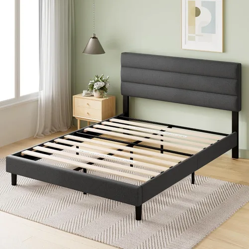 Vista 9 de Zinus Cama de plataforma tapizada Full Piper con cabecera con paneles horizontales, soporte de listones de madera, no necesita somier, fácil