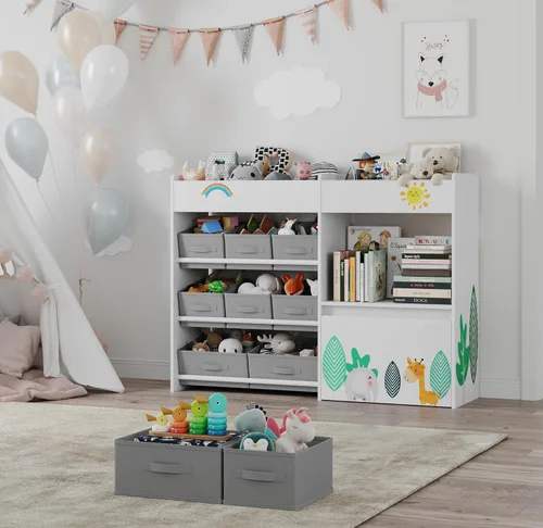 Vista 5 de BOTLOG Estantería infantil con contenedores de tela y baúl de juguetes móvil, organizador de almacenamiento de juguetes para niños, estantería