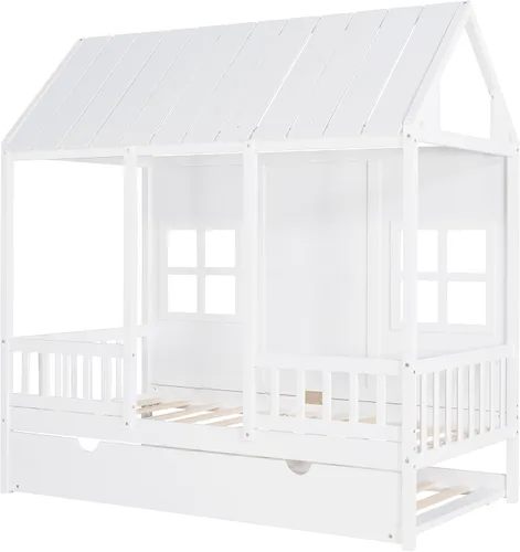 Vista 6 de Harper & Bright Designs Cama de casa de tamaño individual con cama nido de tamaño individual, sofá cama de madera, cama de plataforma con techo