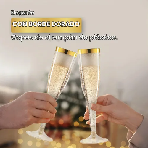 Vista 5 de 36 copas de champán de plástico, vasos de plástico de 6.5 onzas, borde dorado y purpurina dorada, decoración de brunch, flautas de plástico