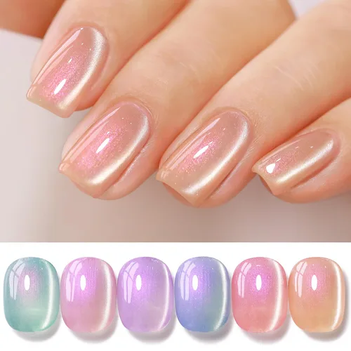 Vista 11 de Double Rhythm Juego de esmaltes de gel de ojo de gato, 6 colores, purpurina brillante con imán, holográfico, reflectante, magnético, UV, kit de arte