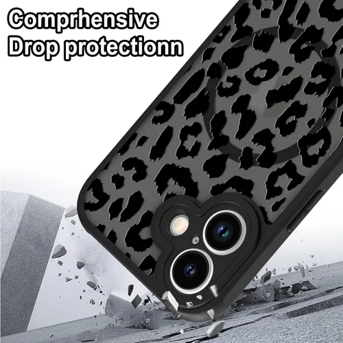 Vista 3 de Funda magnética para iPhone 17, estampado de leopardo negro [Compatible con MagSafe] Linda funda translúcida mate con parte trasera dura, a prueba