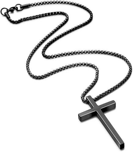 Vista 4 de Ursteel - Collar con dije de cruz de acero inoxidable para hombre, cadena de eslabones cuadrados de 16 a 30 pulgadas, color plateado, negro, dorado