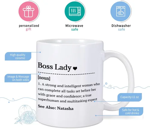 Vista 3 de Regalos para mujer jefa, regalos divertidos de oficina, taza de café con nombre personalizado, regalo para el día de la jefa, regalo inspirador