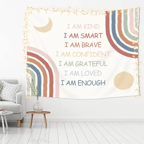 Vista 6 de Imirell Tapiz bohemio arcoíris de 59 pulgadas de ancho x 51 pulgadas de alto, citas inspiradoras positivas, motivacionales, para aula, luna, sol
