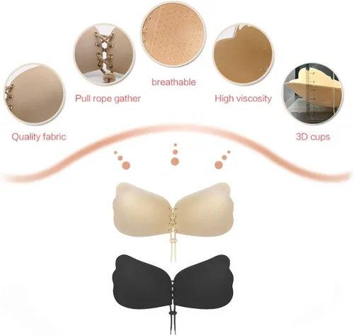 Vista 4 de Sticky Bra 2 Pairs Strapless Backless Bra Adhesive Invisible Lift up Bra Push up Bra for Backless Dress Beige and Black