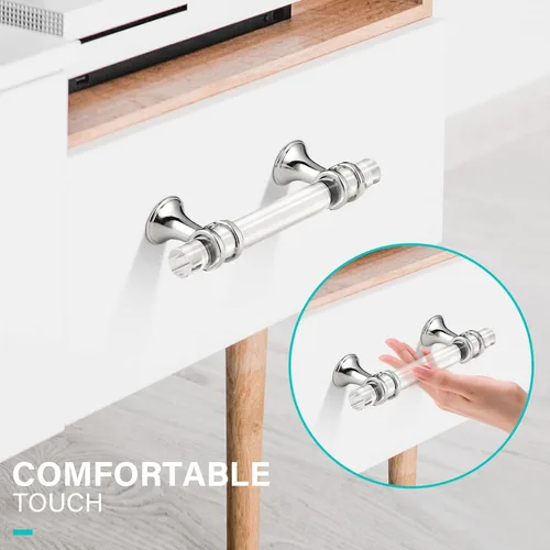 Vista 3 de EHOMEWARE 1 paquete de tiradores acrílicos para cajones, níquel satinado, centro de 3 pulgadas, modernos tiradores de gabinete en T para gabinete