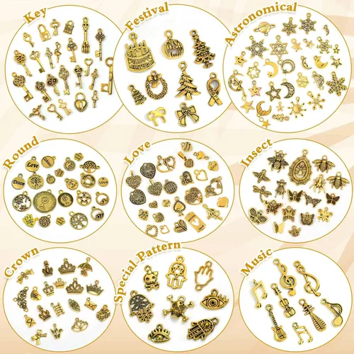 Vista 6 de 400 piezas al por mayor de lotes a granel para hacer joyas, pequeños dijes de metal tibetano antioro surtidos surtidos para collares, pulseras Oro