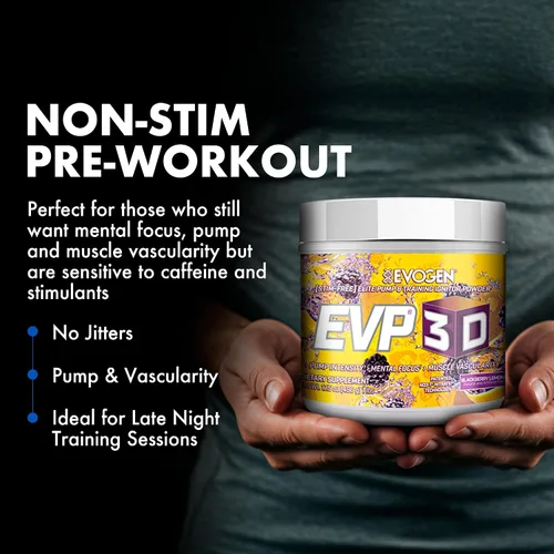 Vista 3 de Evogen EVP-3D Stim-Free Pre-Workout BlackBerry Lemonade 40 porciones Nitrato de arginina, L-citrulina, beta-alanina y creatina con melena