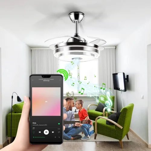 Vista 2 de Ventilador de techo de 42 pulgadas con luz y altavoz Bluetooth, moderno ventilador de techo retráctil plateado con control remoto, 3 cambios