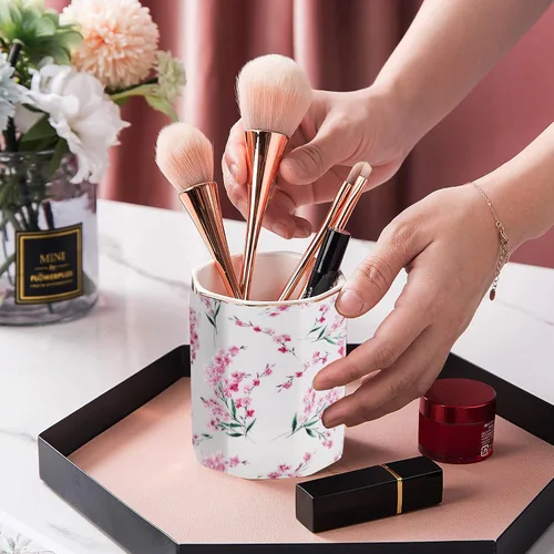 Vista 9 de Soporte para bolígrafo para escritorio, con patrón floral, taza de lápices para niñas, niños, organizador de escritorio de cerámica duradero, Rosa