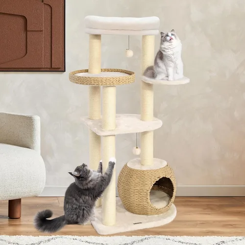 Vista 10 de KAMABOKO Árbol moderno para gatos, 39 pulgadas de alto para gatos de interior, condominio natural con postes rascadores, torre tejida a mano