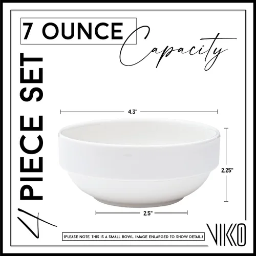 Vista 4 de Vikko Cuenco blanco pequeño de 7 onzas, juego de 4 cuencos de postre blancos, porcelana fina, cuenco pequeño apilable, apto para lavavajillas
