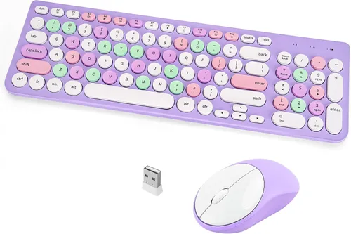 Vista 11 de Combo de teclado y mouse inalámbricos, teclado retro de máquina de escribir con teclas redondas, teclado inalámbrico USB de 2.4 GHz lindo