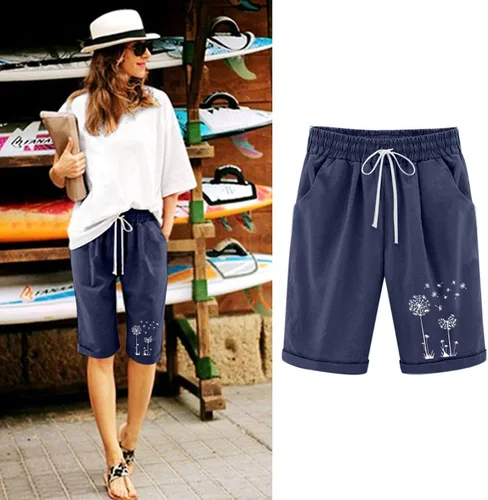 Vista 2 de Bermudas para mujer, cintura alta, algodón, lino, cordón elástico, pantalones cortos de verano, casuales, holgados, estampado de diente de león