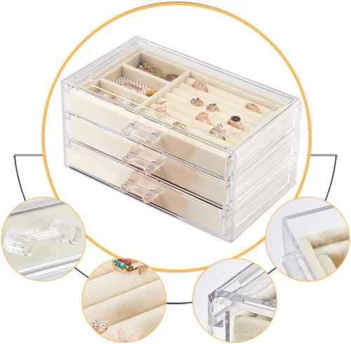 Vista 3 de Weiai Joyero acrílico con 3 cajones organizador de joyas de terciopelo aretes anillos collares pulseras vitrina regalo para mujeres niñas beige