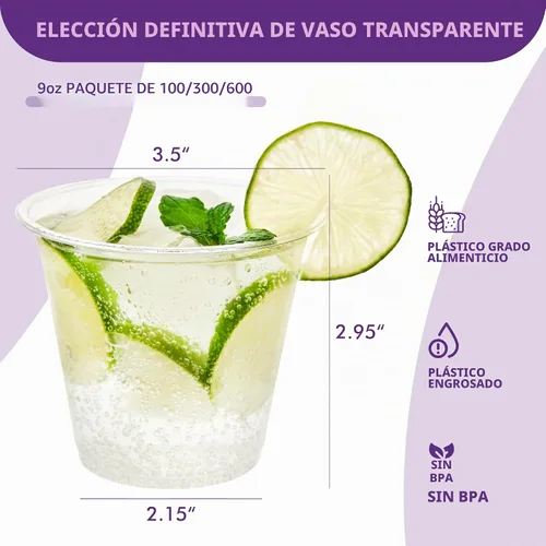Vista 2 de Vasos de plástico transparente de 9 onzas [100 unidades] - Vasos desechables de plástico para beber, vasos de fiesta de PET libres de BPA para café