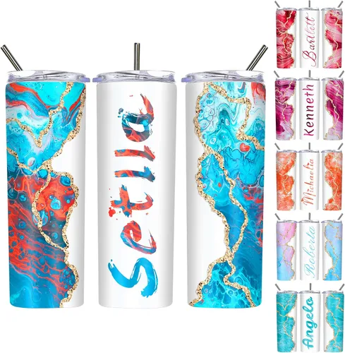 Vista 15 de Vasos delgados personalizados con tapas y pajitas de 20 onzas, diseño de mármol personalizado, vasos de acero inoxidable delgados con nombre