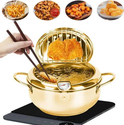 Vista 6 de Olla para freír tempura de 11 pulgadas/4.2 L con tapa, olla de acero inoxidable 304 con control de temperatura y rejilla de drenaje de aceite