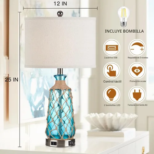 Vista 4 de Ruzectt Lámparas de mesa de cristal costero, lámparas de noche regulables de 3 vías con control táctil con 2 puertos USB y salida de CA, lámparas