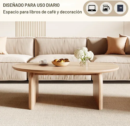 Vista 3 de Honyee - Mesa de centro moderna ovalada, pequeñas mesas de centro para la sala de estar - Parte superior de madera de roble con patas sólidas, mesa