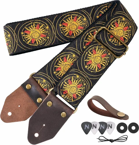 Vista 28 de Nefelibata Correa de guitarra, correas de guitarra de algodón bordado jacquard con extremos de cuero de caballo loco para bajo, eléctrico