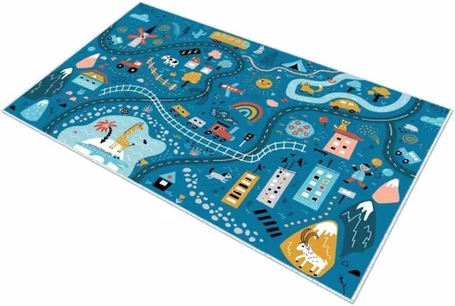Vista 4 de Alfombra para niños para sala de juegos, tapete de juego con ciudad de trenes y bosque, alfombra antideslizante para el piso para niños, alfombra
