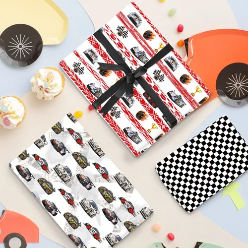 Vista 4 de Mpanwen Papel de regalo de auto de carreras para niños y niños, 12 hojas de papel de regalo de carreras para Navidad, cumpleaños, vacaciones, 20 x