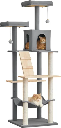 Vista 11 de MWPO Árbol grande y moderno para gatos, torre de madera de 70.1 pulgadas para gatos de interior, condominio alto para gatos de varios niveles con 2