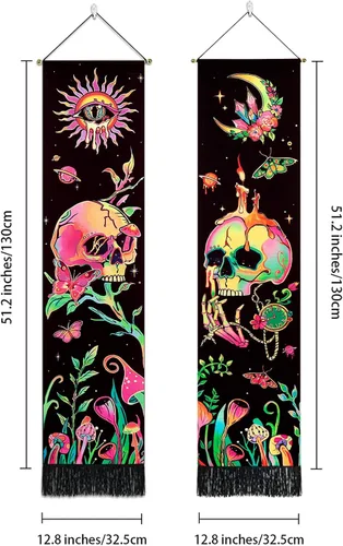 Vista 5 de Leofanger Paquete de 2 tapices verticales de calavera negra con luz negra, tapiz de sol y luna, tapiz de flores de mariposa y mariposa negra, tapiz