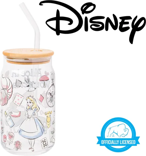 Vista 7 de Silver Buffalo Disney Alice in Wonderland Tarro de vidrio con tapa de bambú y pajita de vidrio, 16 onzas