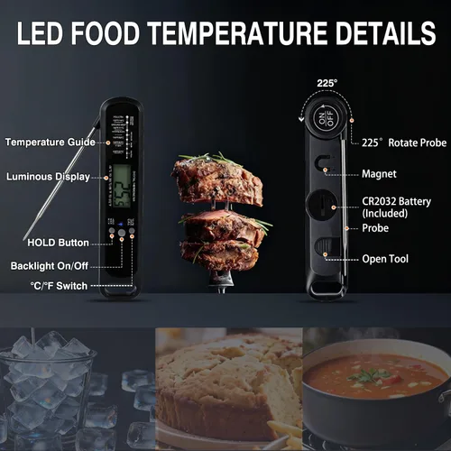 Vista 7 de Termómetro digital de carne con LED de alta precisión, impermeable IP67, termómetro de alimentos de lectura instantánea para freidora de aire
