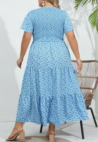 Vista 2 de Vestido largo escalonado fruncido para mujer, talla grande, con bolsillos, elegante, manga corta, cuello redondo, floral, bohemio, vestido bohemio