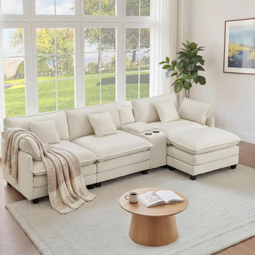 Vista 8 de KISLOT Sofá modular modular de gran tamaño de 74.4 pulgadas con 4 almohadas Sofá nube, cojines dobles, asientos profundos, sala de estar Arena