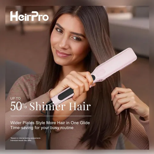 Vista 2 de Plancha de cerámica con placa flotante 3D, plancha de pelo con 15 temperaturas para cabello grueso, mango ergonómico de silicona, pantalla LCD, Rosa