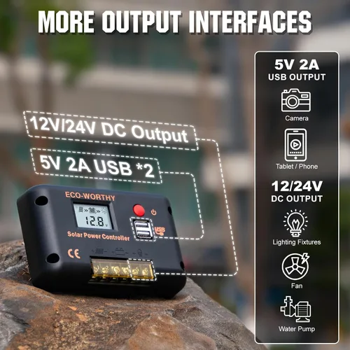 Vista 2 de Controlador de carga solar ECO-WORTHY 30A 12/24V PWM con Bluetooth