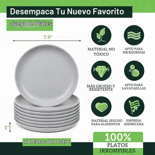 Vista 3 de Grow Forward Platos de postre de paja de trigo prémium – Juego de 8 platos de plástico duro reutilizables de 8 pulgadas – Platos irrompibles aptos