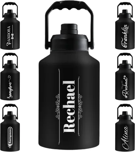 Vista 9 de Botella de agua de 64 onzas grabadas personalizadas con asa, botella de agua personalizada con nombre, botella de agua de acero inoxidable, boca