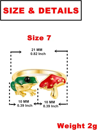 Vista 6 de Green Frog Red Mushroom Open-Rings for Women-Girls - Gold Silver Plated Cute Colorful Frog Mushroom Aesthetics Jewelry for BirthdayNew