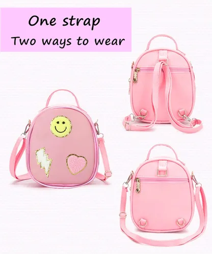 Vista 5 de Bolsa cruzada con parche de arcoíris y cara feliz para niñas, bolso cruzado pequeño para niñas pequeñas, bolso pequeño para teléfono, Rosado