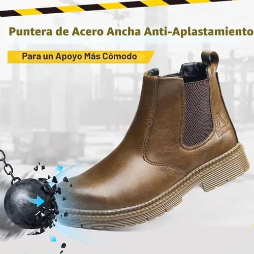 Vista 3 de Botas con punta de acero para hombres y mujeres, botas de trabajo sin cordones para la construcción Caqui
