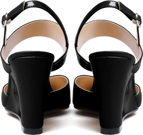 Vista 6 de Soireelady Sandalias de cuña de tacón alto con puntera puntiaguda para mujer, sandalias de cuña con hebilla y diseño recortado, zapatos de cuña